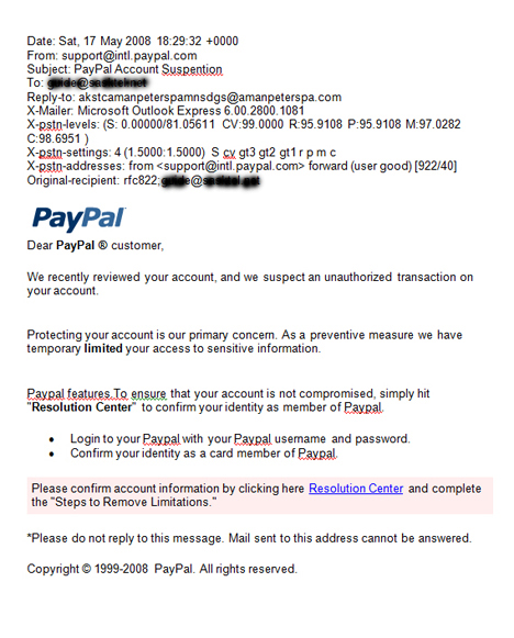 sample spoof email trying to steal information from PayPal users